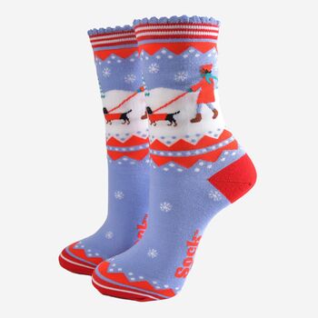 Women's Bamboo Socks Blue Red Sausage Dog Walk, 2 of 5