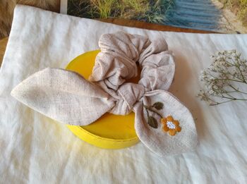 Bunny Bow Linen Scrunchies With Hand Embroidered Flower, 6 of 10