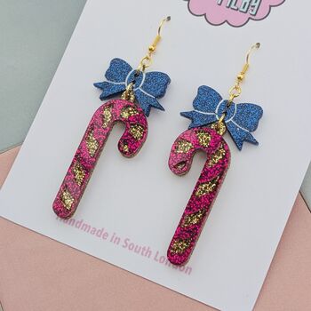 Candy Cane Glitter Resin Christmas Earrings Red And White, Pink And Blue, 6 of 8
