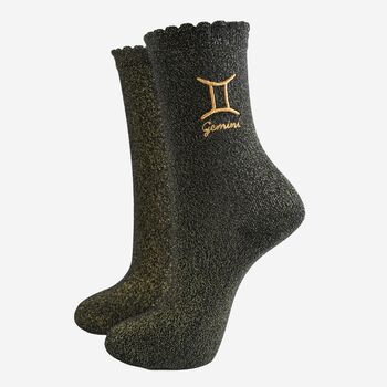 Women's Glitter Socks Black Gold Zodiac Gemini, 2 of 5