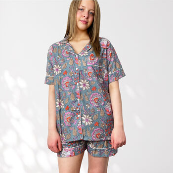Floral 100% Cotton Ladies Pyjama Short Set In Grey And Pink, 2 of 9