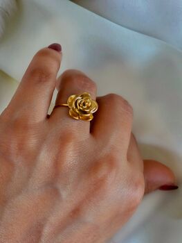 Adjustable Rose Ring Floral Raised Design, 18k Gold Stainless Steel, Waterproof Jewellery, 2 of 8