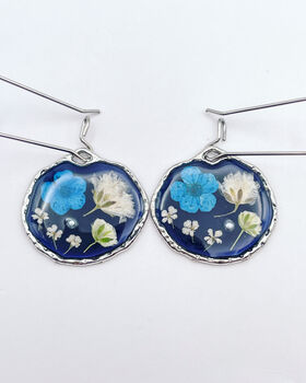 Real Blue Flowers Black Earrings Handmade Silver Or Gold Hypoallergenic, 3 of 10