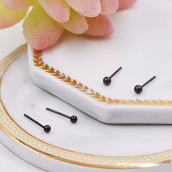 Sterling Silver Tiny Black Rhodium Plated Ball Stud Earrings, 3 of 9