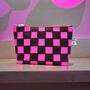 Small Cosmetic Bag Pink Checkered Pattern On Burgundy, thumbnail 1 of 3