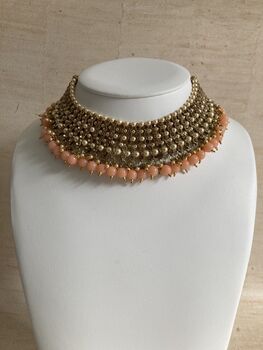 Indian Gold Plated Peach Pearl Choker Set, 3 of 7