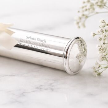 Personalised Silver Plated Certificate Holder Tube And Stand, 2 of 7