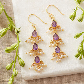 Amethyst Seed Pearl Gold Plated Silver Drop Earrings, 3 of 11