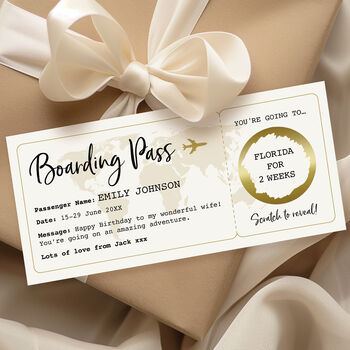 Personalised Boarding Pass Scratch And Reveal Gift Voucher: Gold Circle Design, 3 of 10