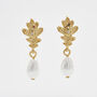 Oak Leaf Pearl Drop Gold Earrings, thumbnail 4 of 8