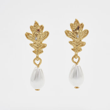 Oak Leaf Pearl Drop Gold Earrings, 4 of 8