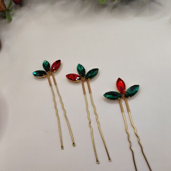 Christmas Red And Green Crystal Hair Pin Set Of Three, 11 of 12