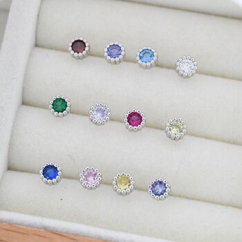 Sterling Silver Dotted Bezel Birthstone Stud Earrings, 3 of 12
