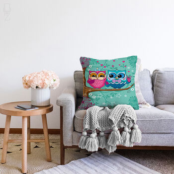 Pink And Blue Owl Couple Cushion Cover For Couples, 2 of 3