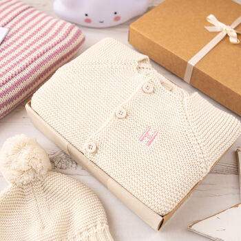 Luxury Dawn Pink Bobble Hat And Cardigan Baby Gift Box, 6 of 10