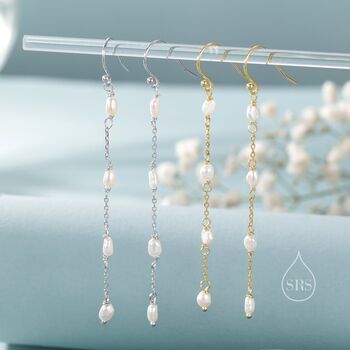 Sterling Silver Oval Freshwater Pearl Long Drop Hook Earrings, 2 of 11