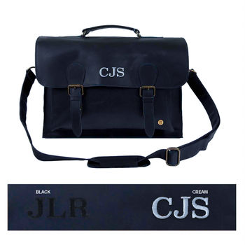 Personalised Navy Leather Classic Messenger, 6 of 9