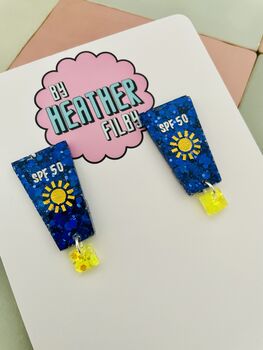 Sun Cream Glitter Resin Earrings / Summer Holiday Jewellery Beach Bag Aesthetic Gift / Summer Accessory Fun Beach Jewellery / Handmade Summer Sparkle, 2 of 3
