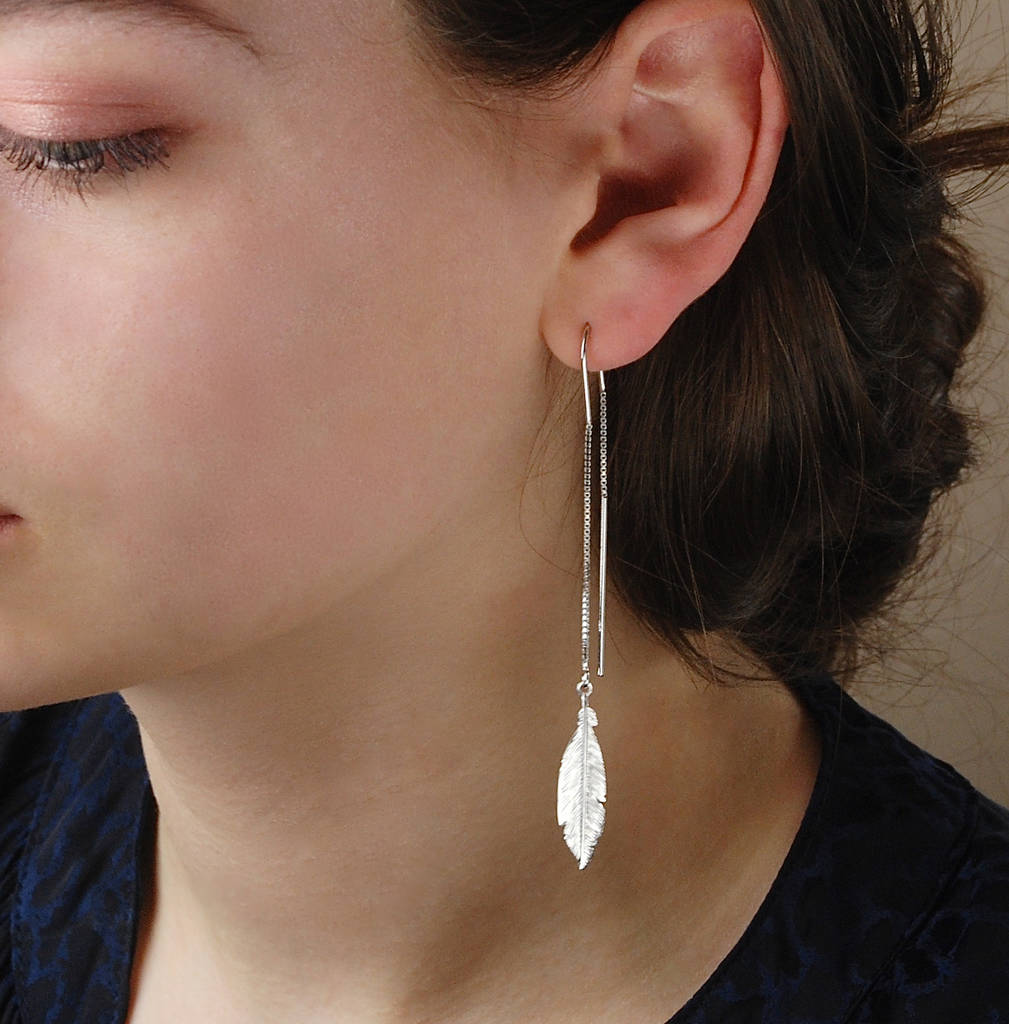 Sterling Silver Long Feather Threader Earrings By Penelopetom