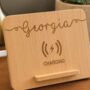 Swirl Name Wireless Bamboo Charger Stand Lifestyle, thumbnail 2 of 3
