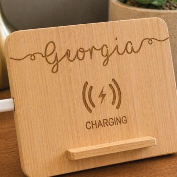 Swirl Name Wireless Bamboo Charger Stand Lifestyle, 2 of 3