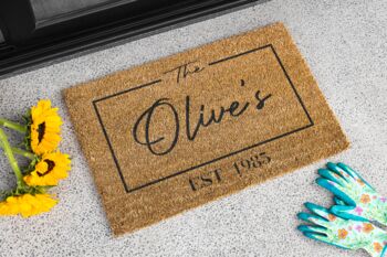 Personalised Coir Doormat With Name And Est Date, 2 of 8