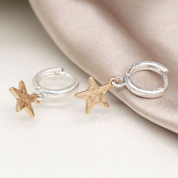 Silver Plate Worn Hoop Earrings With Hammered Stars, 2 of 3