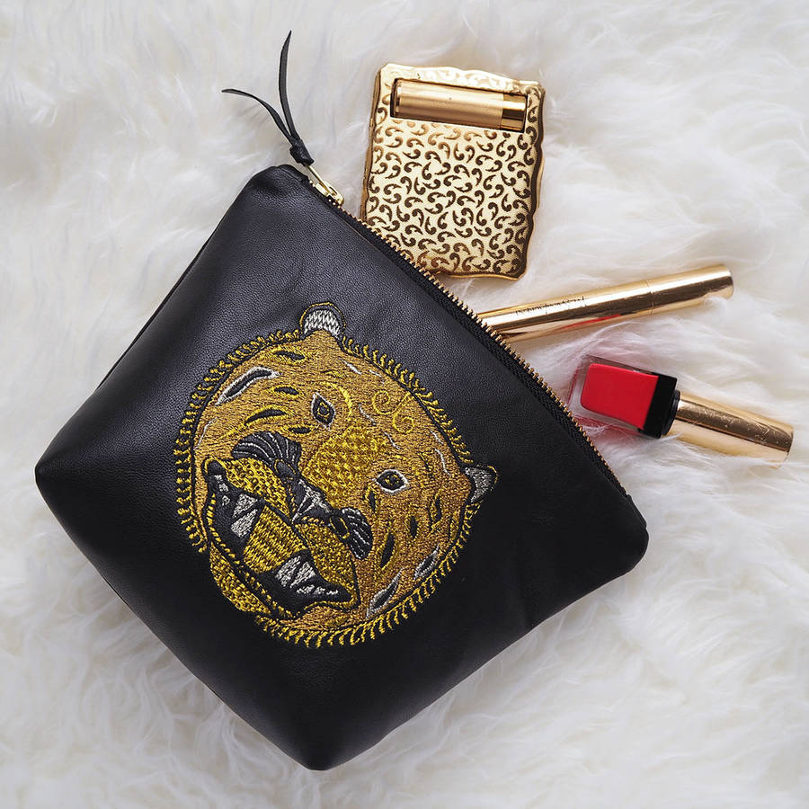 Embroidered Metallic Leather Tiger Make Up Bag By paperCutts designs