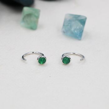 Sterling Silver Genuine Green Onyx Huggie Hoop Earrings, 4 of 10