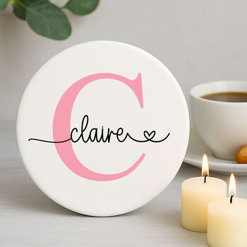 Customisable Pink Porcelain Initial And Name Coaster Gift, 2 of 2