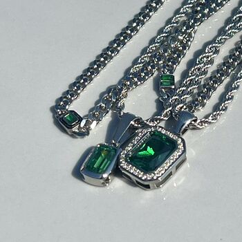 Mens Silver Emerald Green Chain Necklace Stainless Steel, 10 of 12