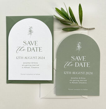 Olive Arch Shaped Wedding Save The Date Cards, 2 of 5