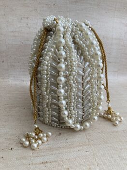 White Handcrafted Pearl Potli Bag Wrist Bag, 2 of 3