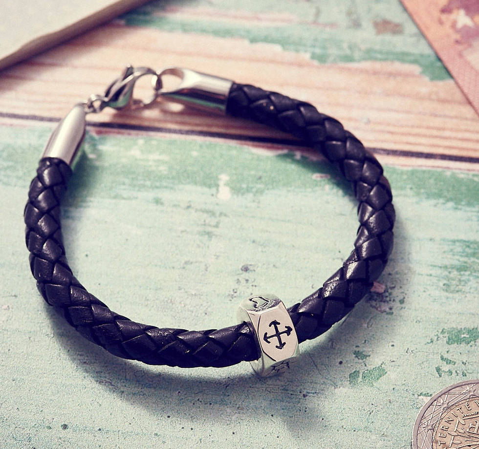 Personalised Silver And Leather Mens Traveller Bracelet, 1 of 10