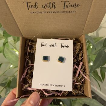 Green Blue Gold Detail Crackle Glaze Square Studs, 9 of 10