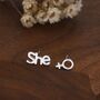 Mismatched Sterling Silver Female Symbol And She Stud Earrings, thumbnail 6 of 12