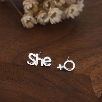 Mismatched Sterling Silver Female Symbol And She Stud Earrings, 6 of 12