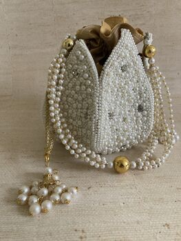 White Handcrafted Pearl Embellished Potli Wrist Bag, 2 of 5