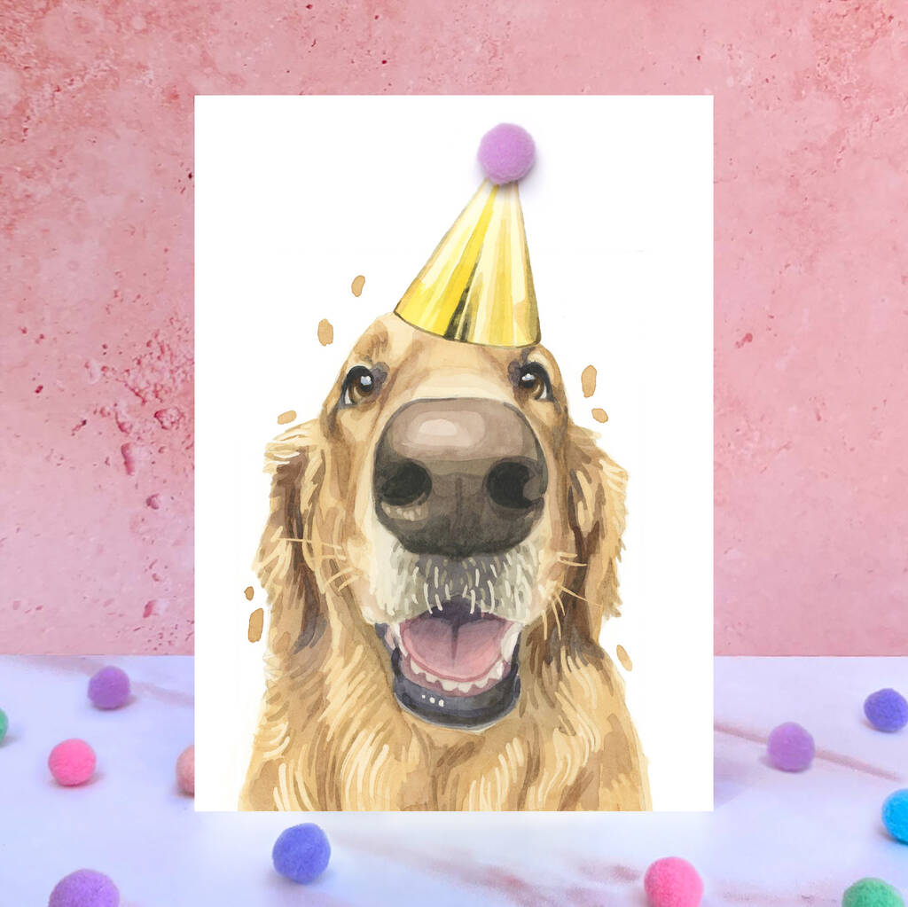 Golden Retriever Pompom Birthday Card By Robert James Hull 