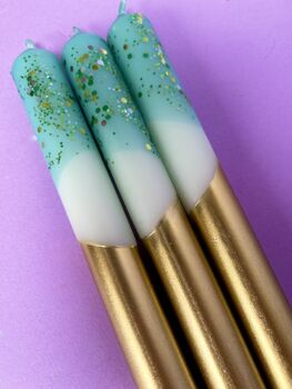 Teal And Gold Glitter Christmas Candles 'Crushed Emerald', 3 of 3