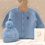 Luxury Blue Grey Bobble Hat And Cardigan Baby Gift Set, thumbnail 1 of 12