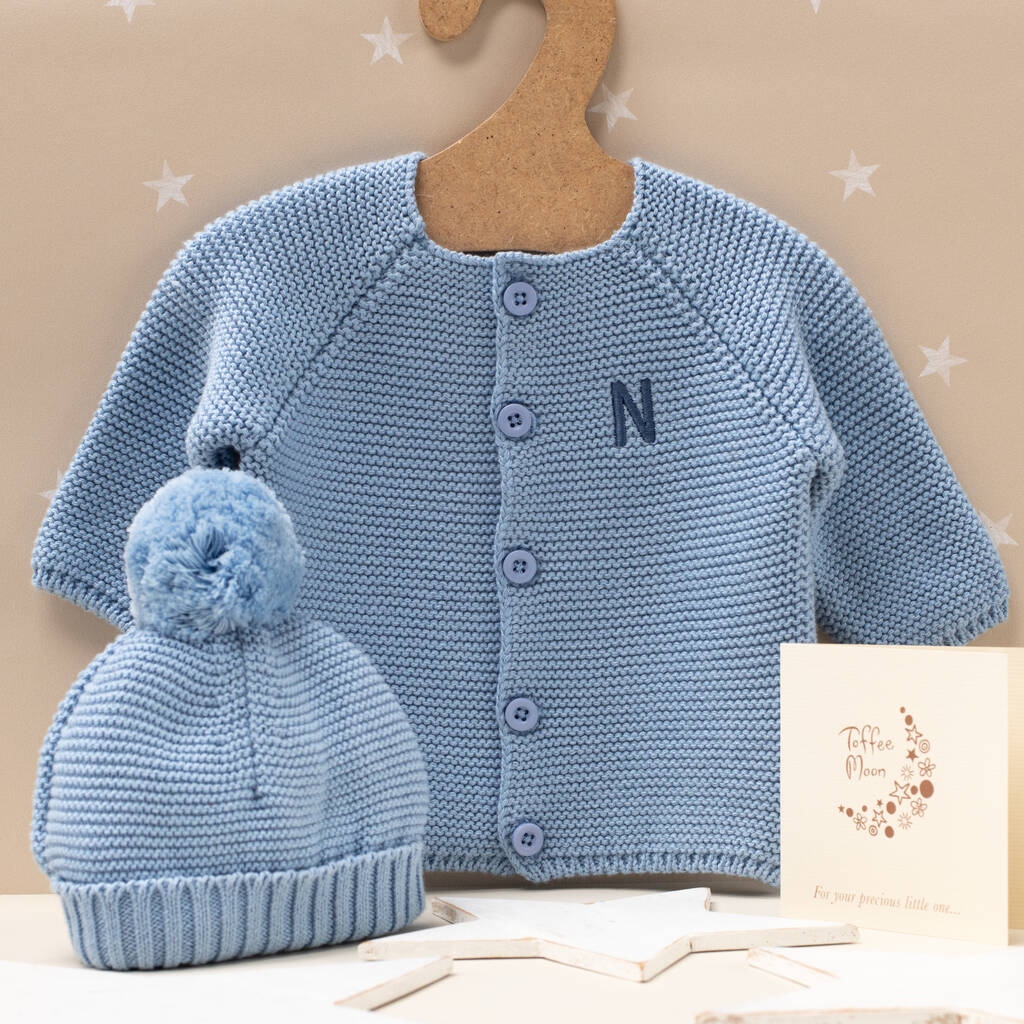 Luxury Blue Grey Bobble Hat And Cardigan Baby Gift Set, 1 of 12