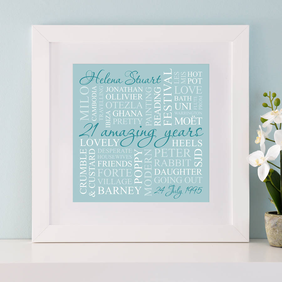 Personalised 21st Birthday Square Word Art By Cherry Pete Chunky White Frame And Mount Duck Egg Blue Print