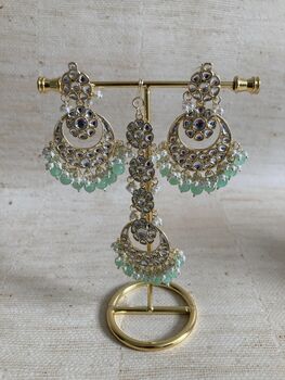 Mint Green Gold Plated Kundan Earrings And Tikka Set, 3 of 4