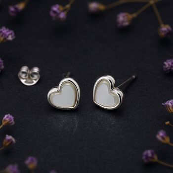 Sterling Silver Mother Of Pearl Heart Stud Earrings, 6 of 12