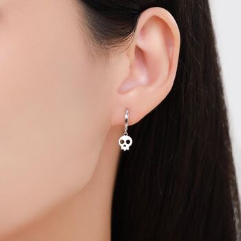 Skull Huggie Hoop Earrings In Sterling Silver, 6 of 12