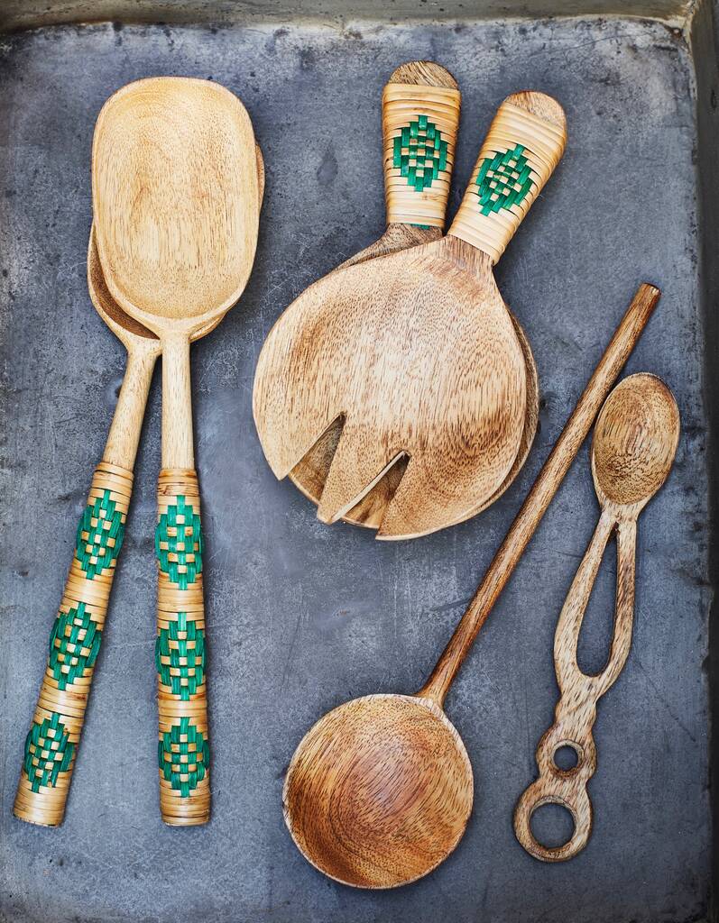 Wood, Bamboo And Green Twist Serving Spoons