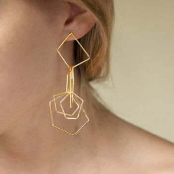 Interlinked Geometric Hoop Drop Earrings In Gold Colour, 3 of 3
