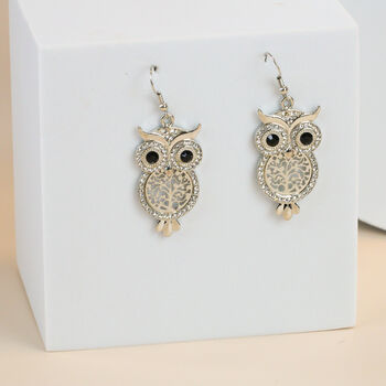 Silver/Gold Plated Encrusted Owl Earrings, 4 of 10