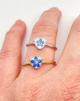 Mini Heart Ring With Real Forget Me Not Flower In Gold Or Silver Waterproof, 6 of 10